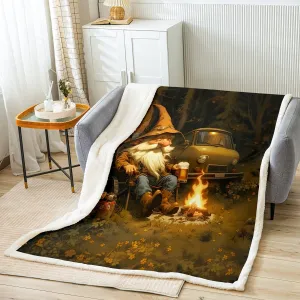 Happy Camping Gnome Fleece Blanket,Nature Adventure Trailer Campfire Throw Blanket for Sofa Adults,Rustic Jungle Beer Gnome Vintage Soft Blanket Bed Couch,Queen (90 x 90 Inches)