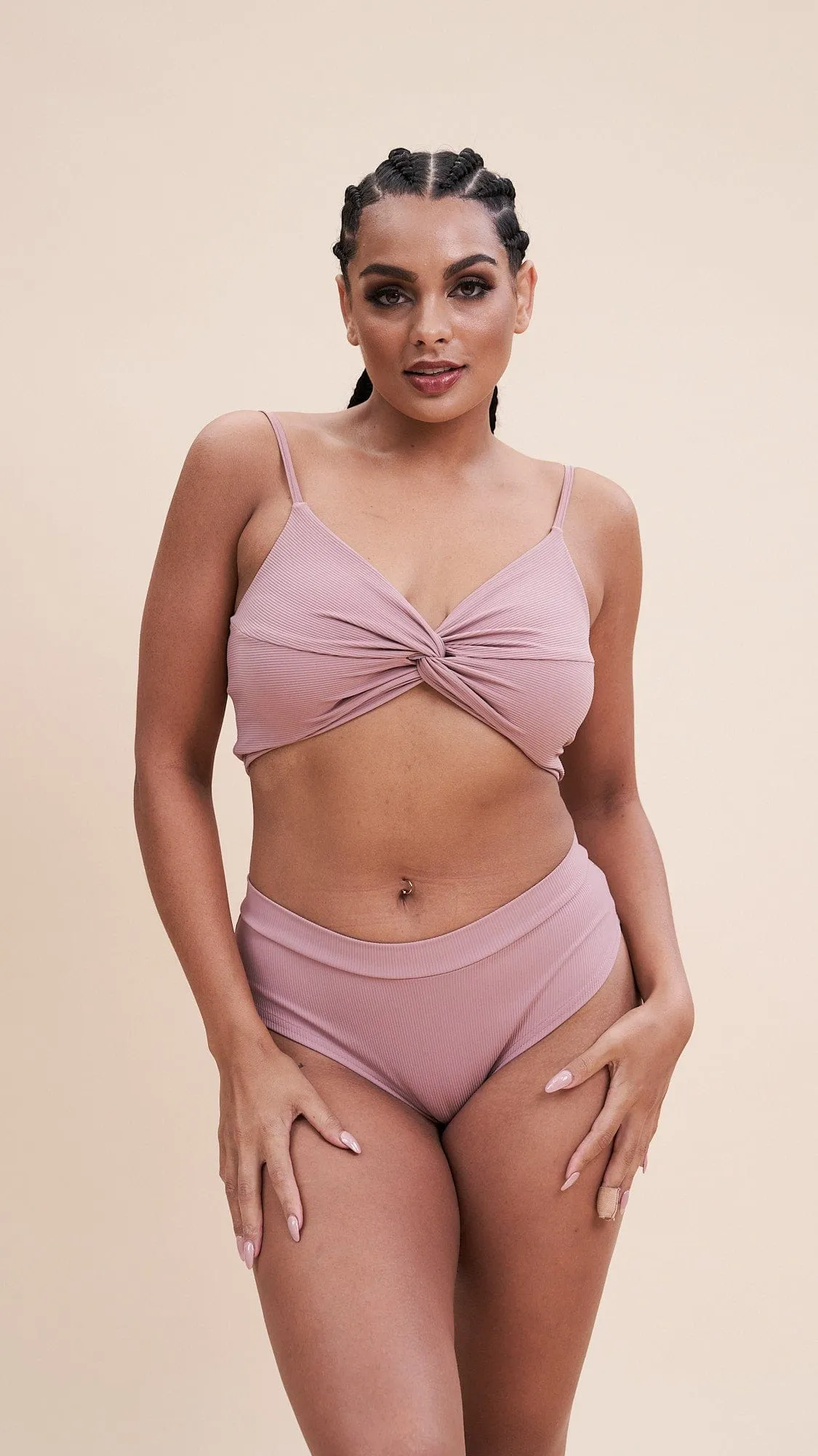 Harleen Top - V Neck Twist Top Ribbed Blush Taupe