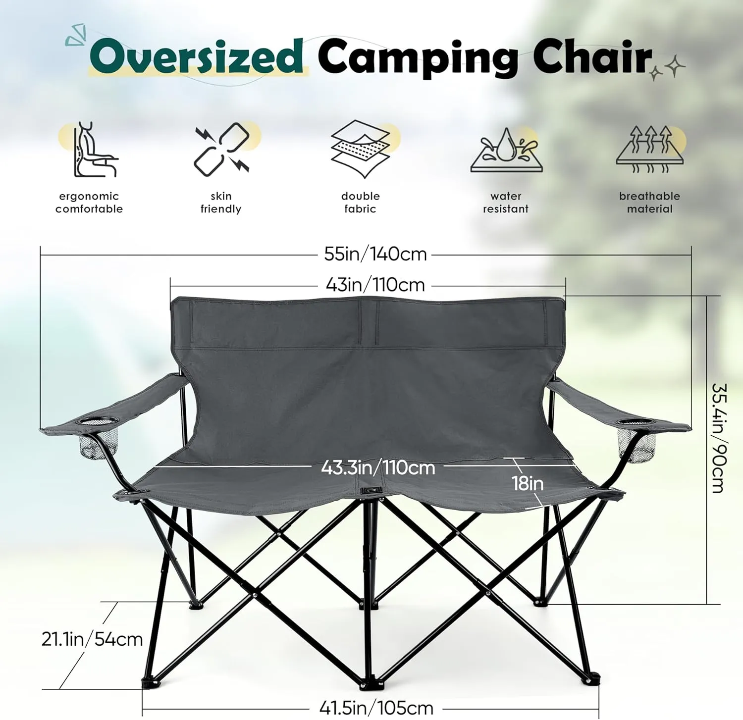 HaSteeL Foldable Camping Chair, Double Seat Folding Camp Chair for 2 Persons, Portable & Large for Outdoor Fishing, Hiking, Travel, Picnic, Beach, Lawn, Patio, Include Storage Bag (Grey)