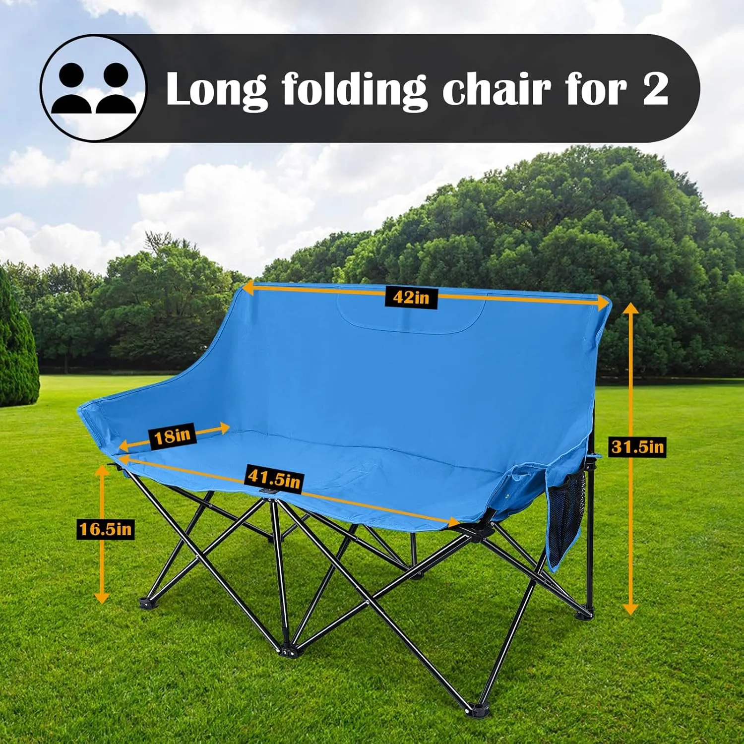 HaSteeL Folding Camping Chair, Portable Double Outdoor Loveseat for 2 Adults Person, Durable Foldable Collapsible Chairs for Camp Patio Picnic Beach Travel, Support 600Lbs, for Women & Men, Blue
