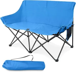 HaSteeL Folding Camping Chair, Portable Double Outdoor Loveseat for 2 Adults Person, Durable Foldable Collapsible Chairs for Camp Patio Picnic Beach Travel, Support 600Lbs, for Women & Men, Blue