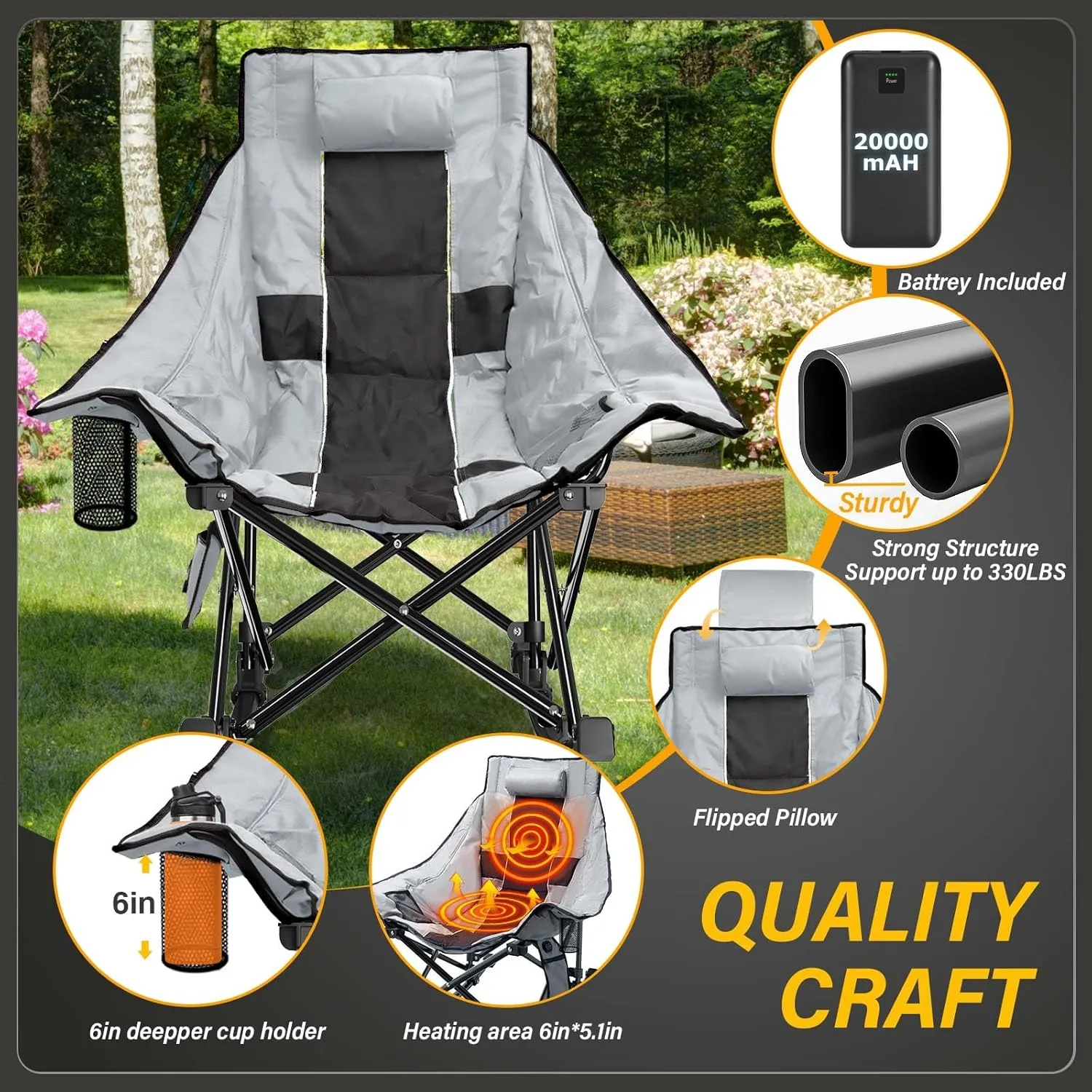 Heated Camping Chair Oversize, XL Heated Rocking Chair with 3 Levels for Back and Seat, Portable Outdoor Heated Folding Chair, Heavy Lawn Chair for Camping