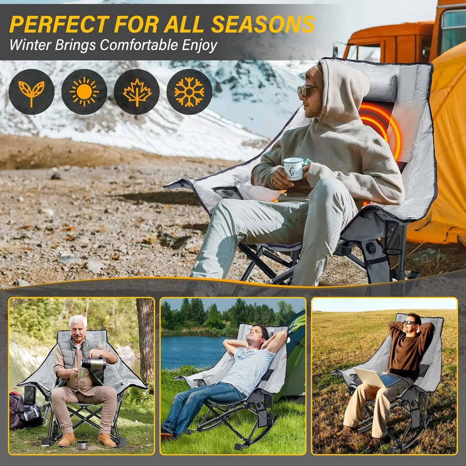 Heated Camping Chair Oversize, XL Heated Rocking Chair with 3 Levels for Back and Seat, Portable Outdoor Heated Folding Chair, Heavy Lawn Chair for Camping