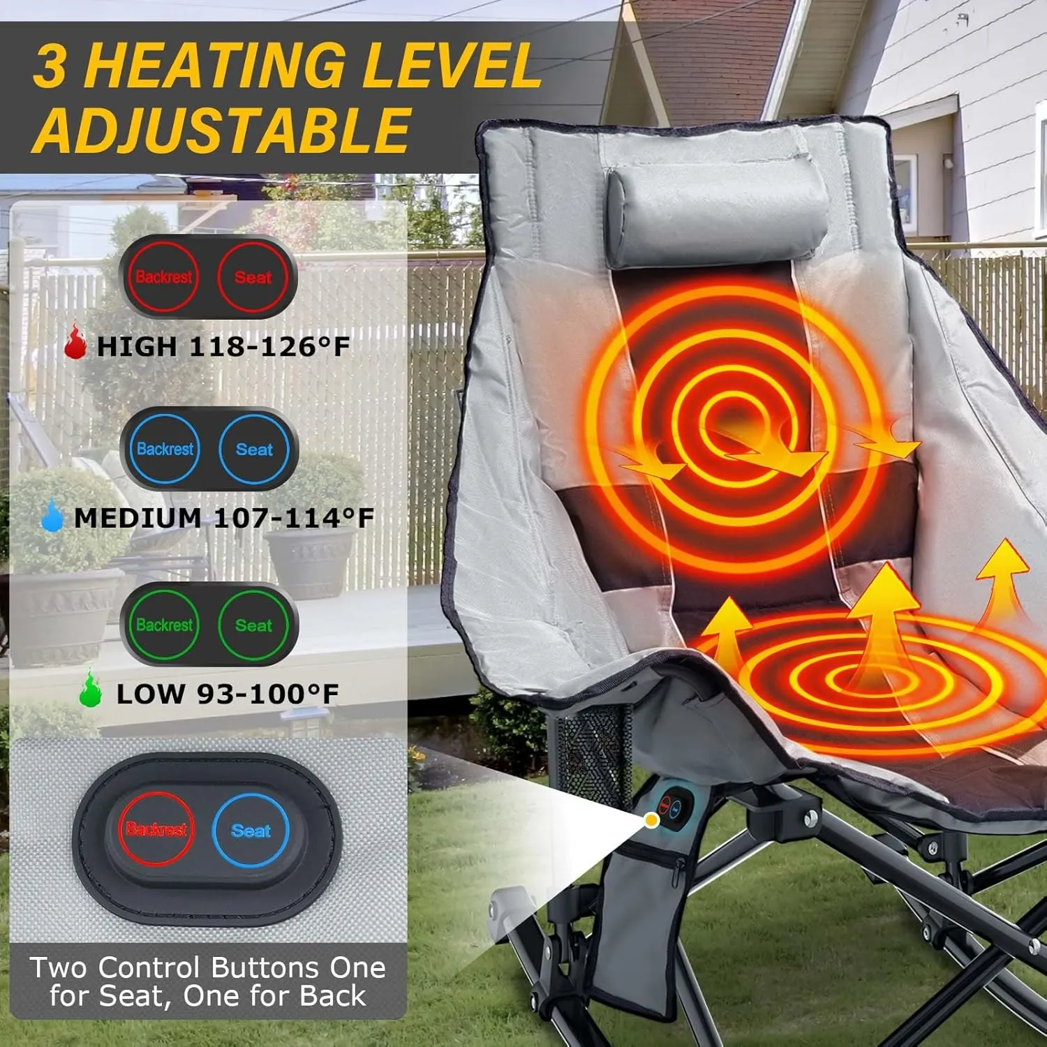 Heated Camping Chair Oversize, XL Heated Rocking Chair with 3 Levels for Back and Seat, Portable Outdoor Heated Folding Chair, Heavy Lawn Chair for Camping
