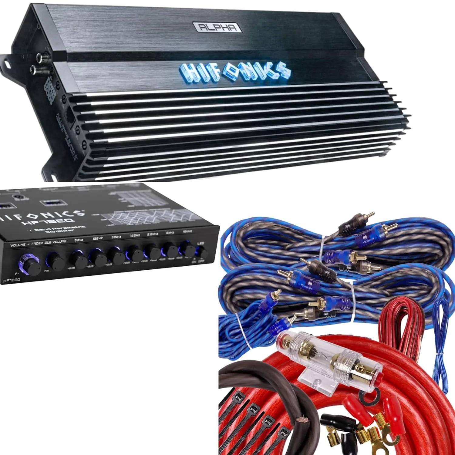 Hifonics Alpha A2500.5D 2500W Super D-Class Hybrid 5-Channel Car Audio Amplifier with BGC45R Amp Kit & HFEQ7 Equalizer, Bass Remote Included