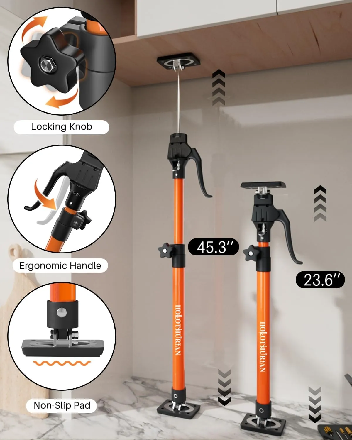 HOLOTHURIAN Cabinet Jack Support Pole,23.6-45.3 inches Third Hand Tools Adjustable Support Pole, 3rd Hand Support System for Upper Cabinet Installation, 200 LB Capacity, 1-Pack