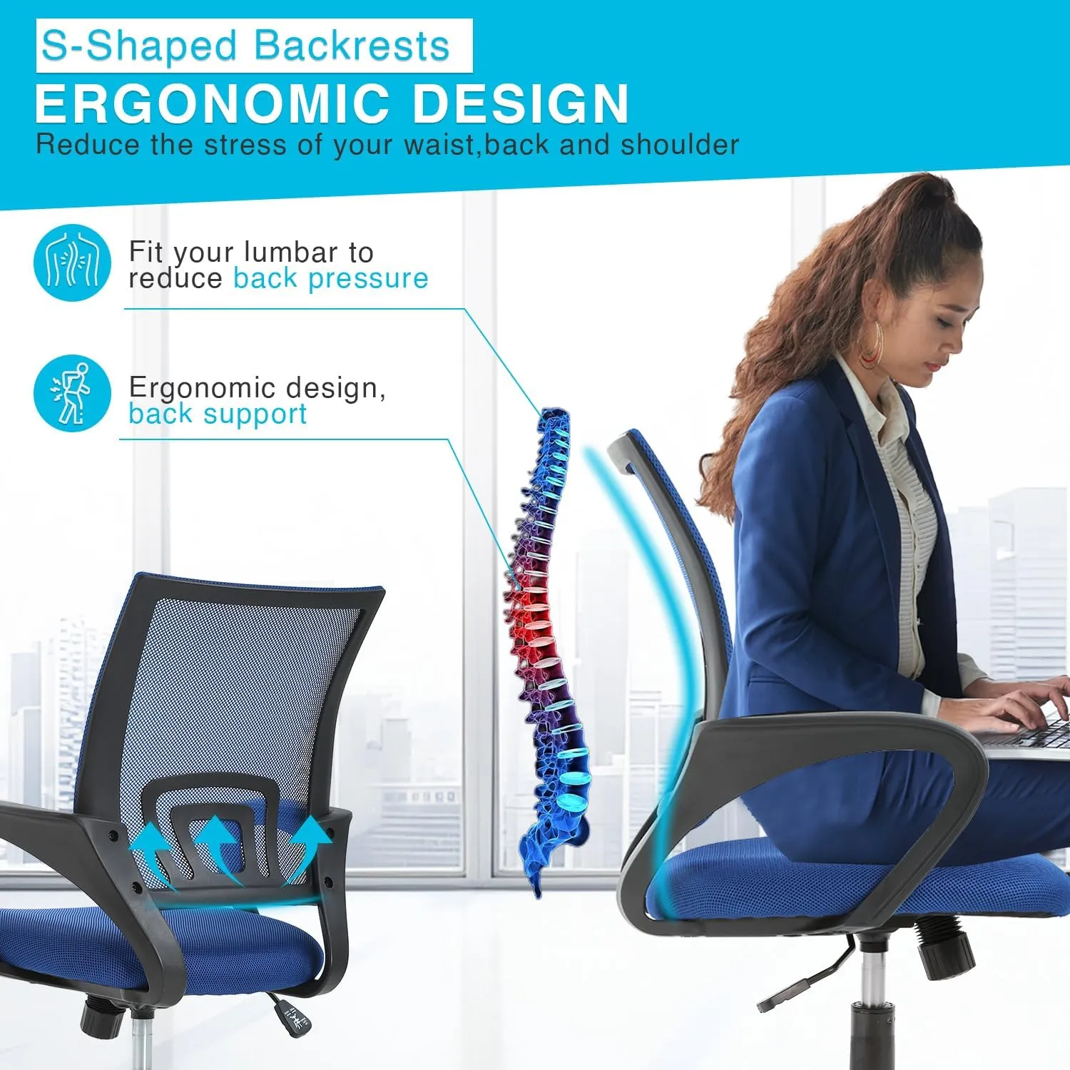 Home Office Chair Ergonomic Desk Chair Mesh Computer Chair with Lumbar Support Armrest Executive Rolling Swivel Adjustable Mid Back Task Chair for Women Adults,Blue