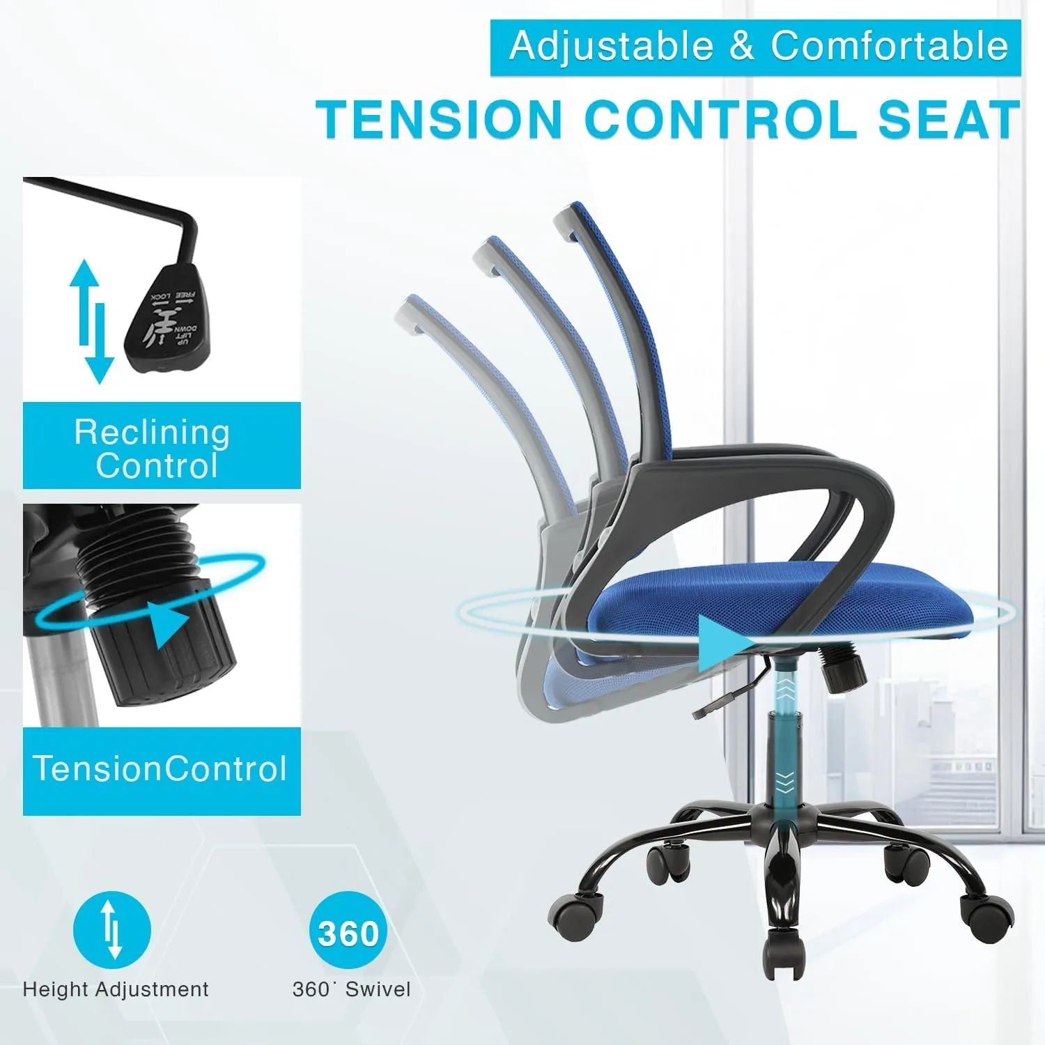 Home Office Chair Ergonomic Desk Chair Mesh Computer Chair with Lumbar Support Armrest Executive Rolling Swivel Adjustable Mid Back Task Chair for Women Adults,Blue