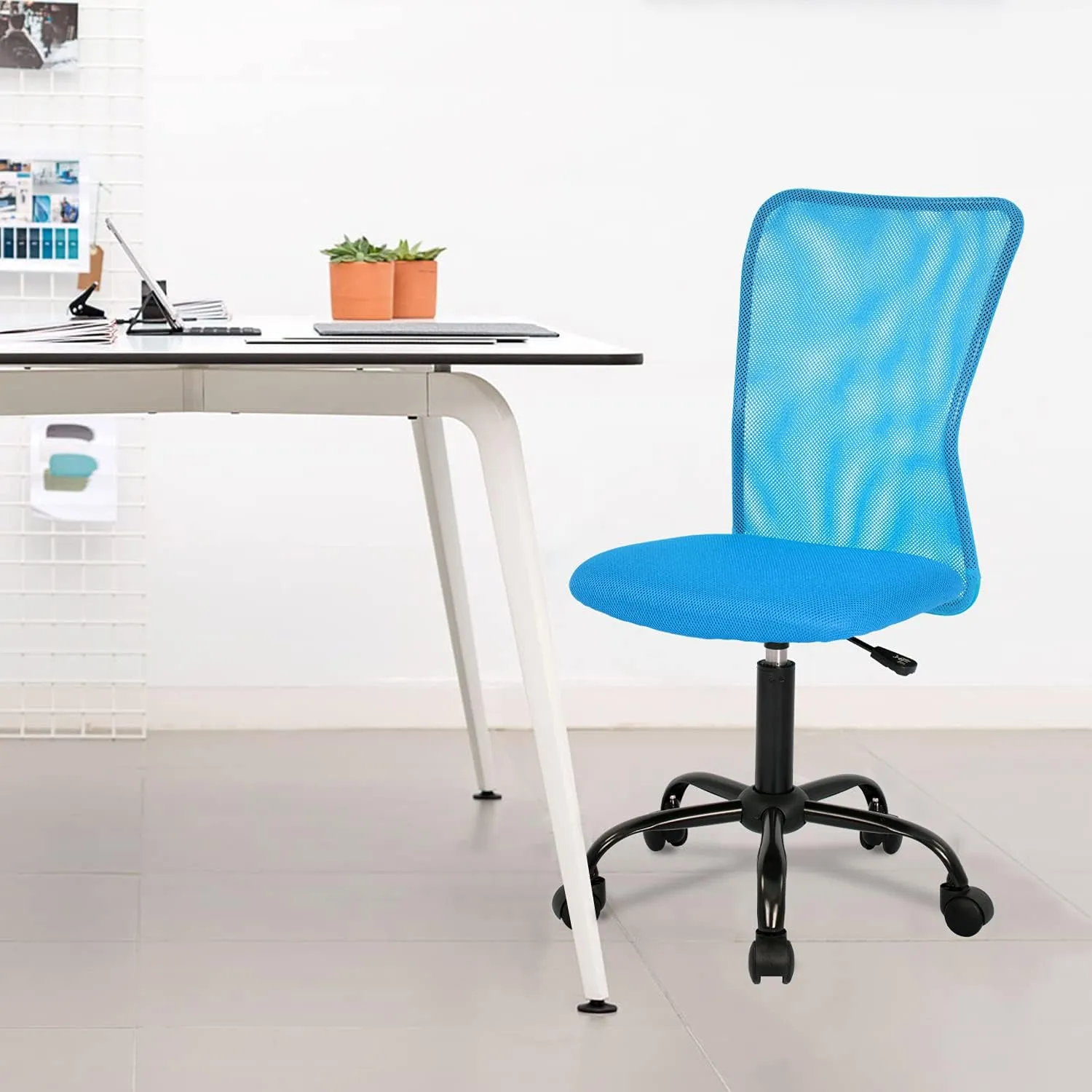 Home Office Chair Mid Back Mesh Desk Chair Armless Computer Chair Ergonomic Task Rolling Swivel Chair Back Support Adjustable Modern Chair with Lumbar Support (Blue)