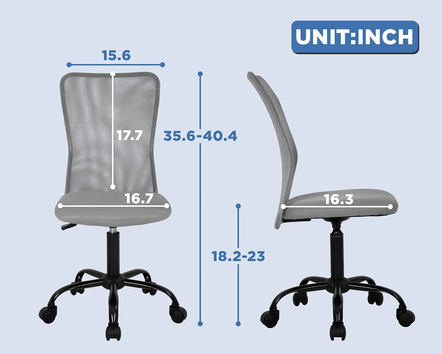 Home Office Chair Mid Back Mesh Desk Chair Armless Computer Chair Ergonomic Task Rolling Swivel Chair Back Support Adjustable Modern Chair with Lumbar Support (Grey)