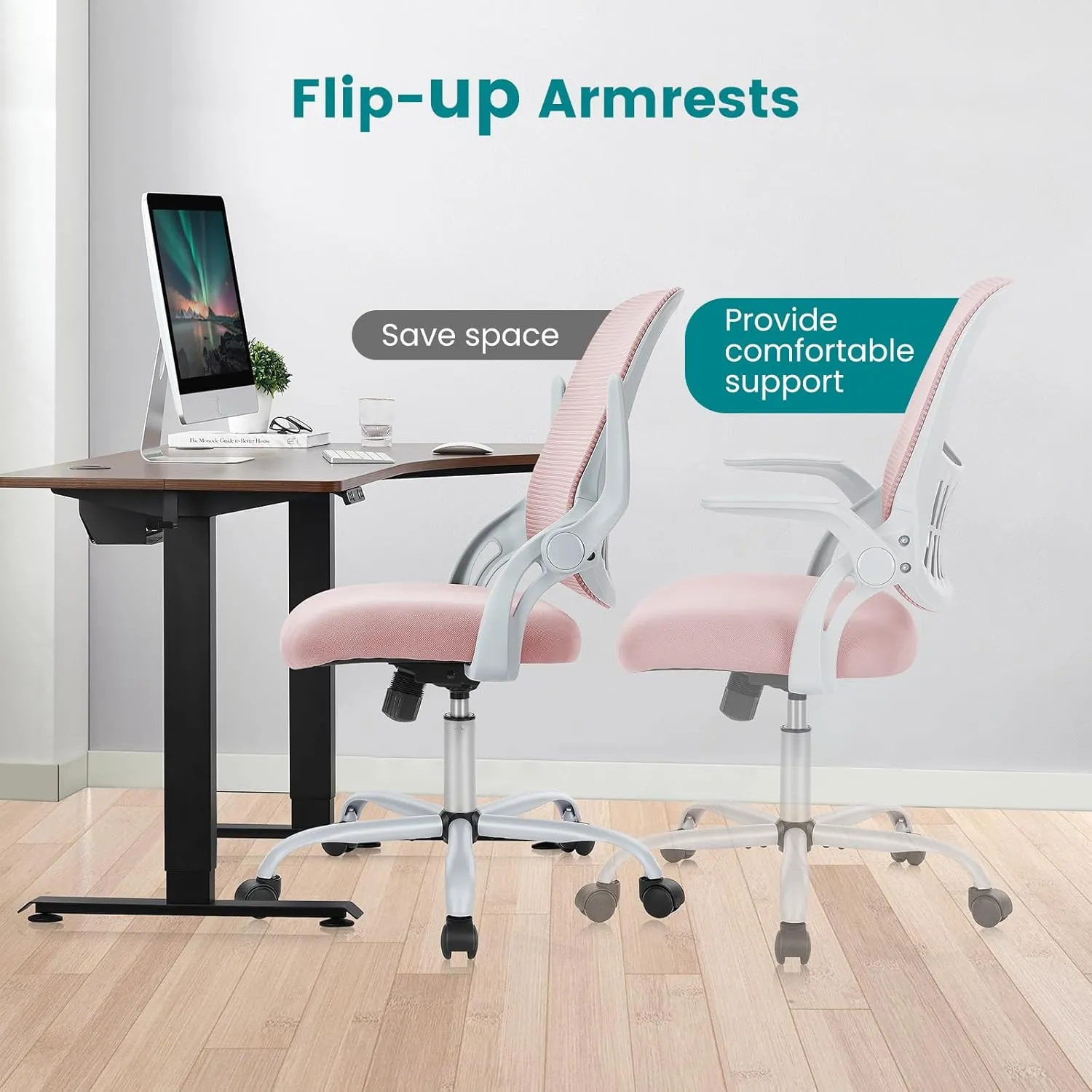 Home Office Desk Chair, Ergonomic Computer Managerial Executive Chairs Mid-Back Work Swivel Task Chairs with Wheels, Lumbar Support, Comfy Flip-up Armrest for Gaming, Study, Student