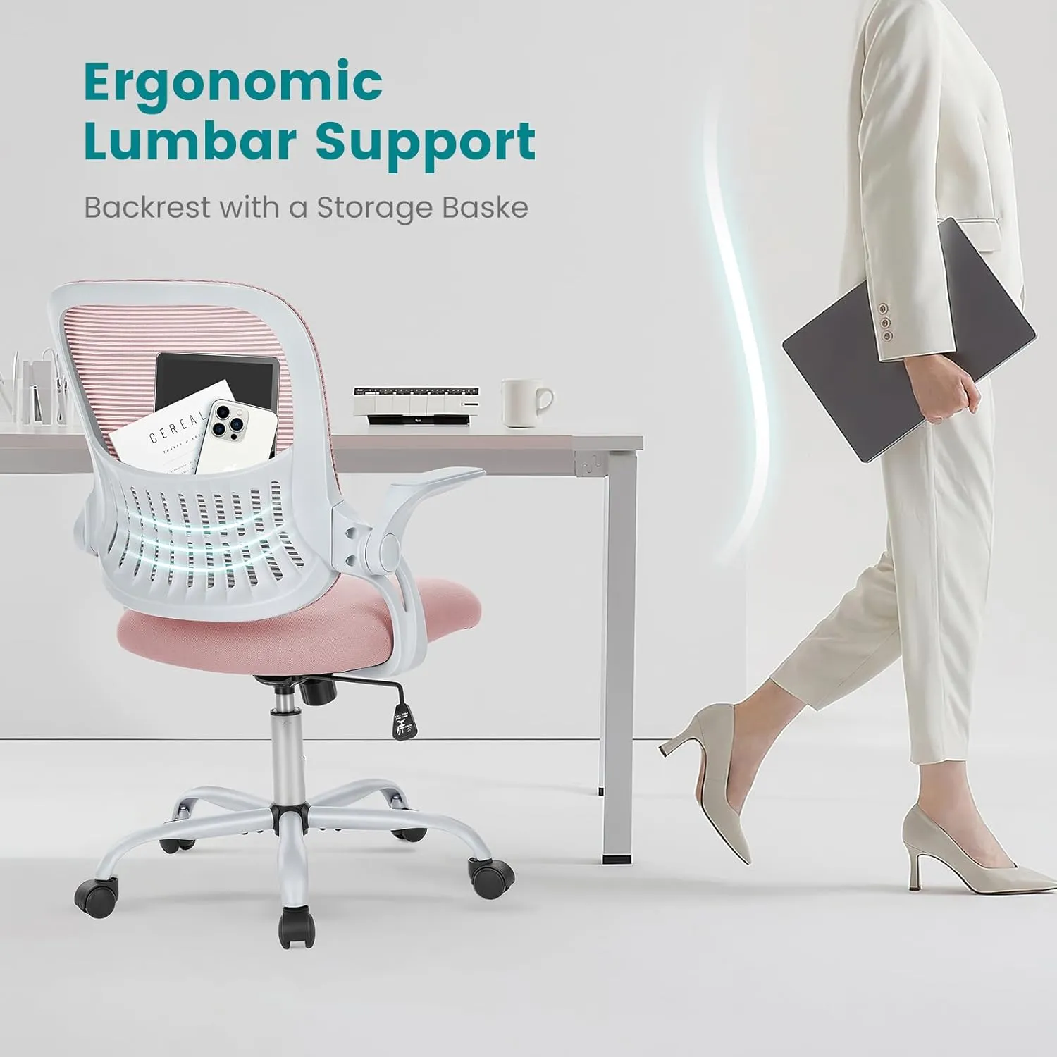 Home Office Desk Chair, Ergonomic Computer Managerial Executive Chairs Mid-Back Work Swivel Task Chairs with Wheels, Lumbar Support, Comfy Flip-up Armrest for Gaming, Study, Student