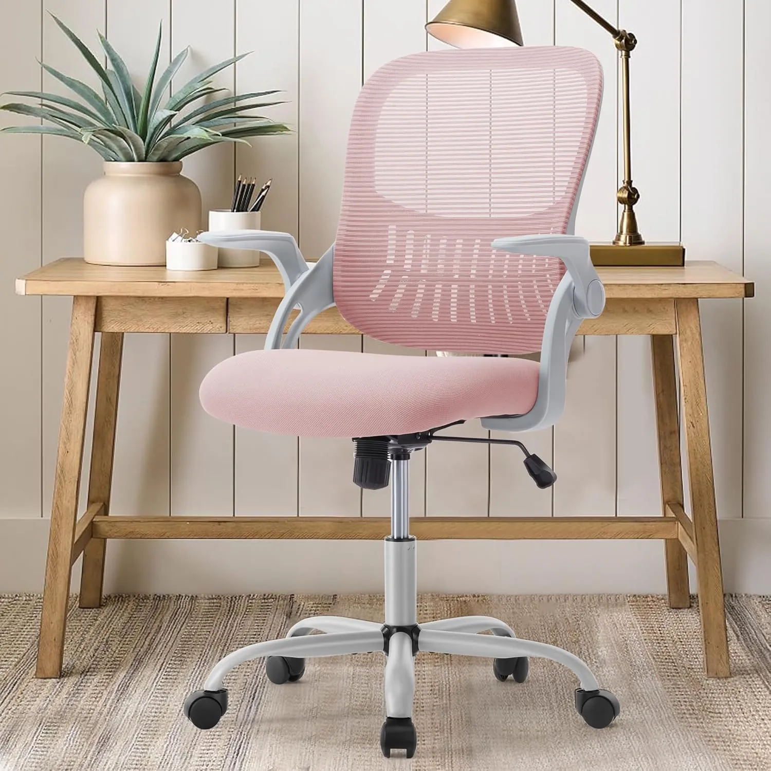 Home Office Desk Chair, Ergonomic Computer Managerial Executive Chairs Mid-Back Work Swivel Task Chairs with Wheels, Lumbar Support, Comfy Flip-up Armrest for Gaming, Study, Student