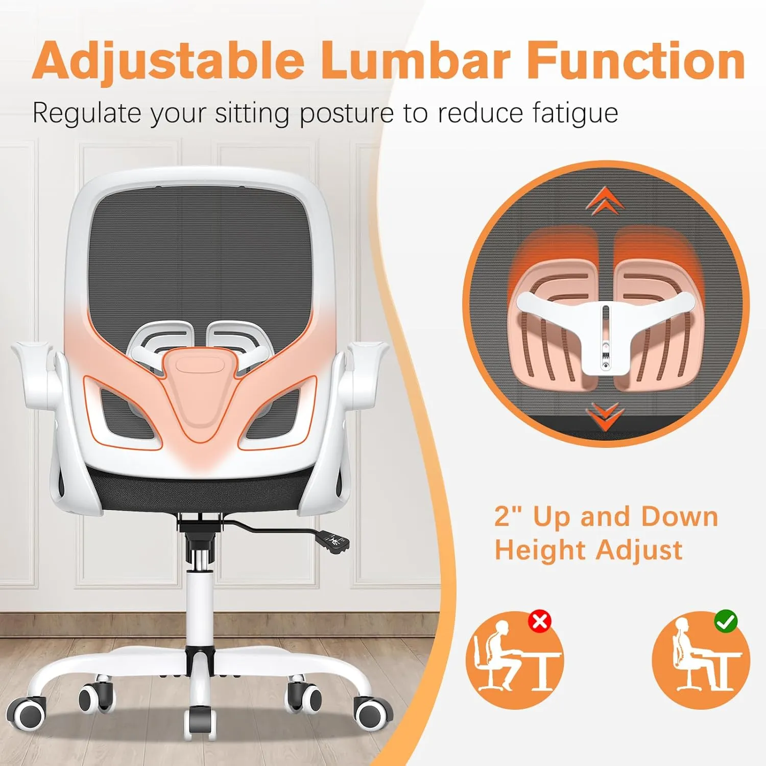 Home Office Desk Chair with Supportive Lumbar Support and Flip up Arms, Breathable Double Mesh Ergonomic Home Desk Chair for Home or Work with Extended Height(White)