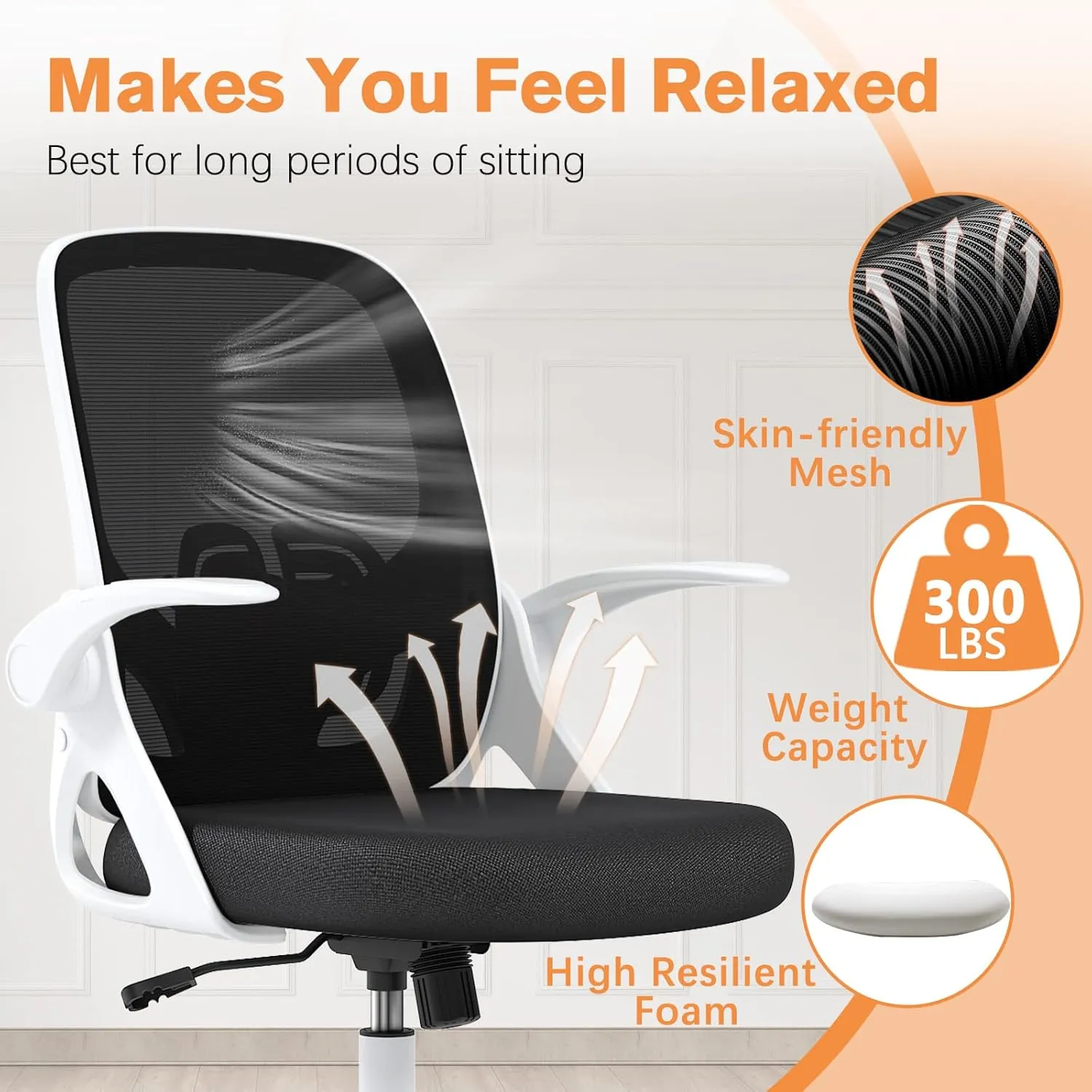 Home Office Desk Chair with Supportive Lumbar Support and Flip up Arms, Breathable Double Mesh Ergonomic Home Desk Chair for Home or Work with Extended Height(White)