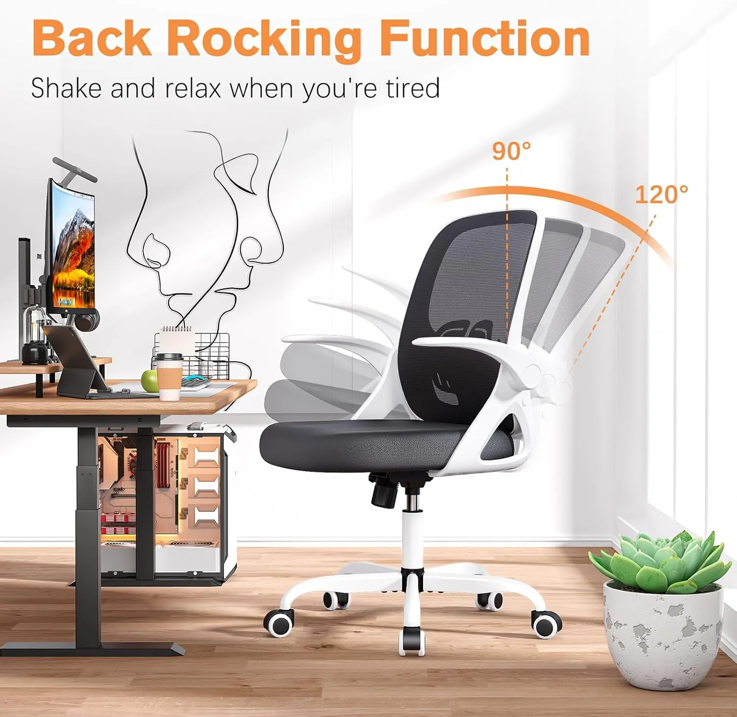 Home Office Desk Chair with Supportive Lumbar Support and Flip up Arms, Breathable Double Mesh Ergonomic Home Desk Chair for Home or Work with Extended Height(White)