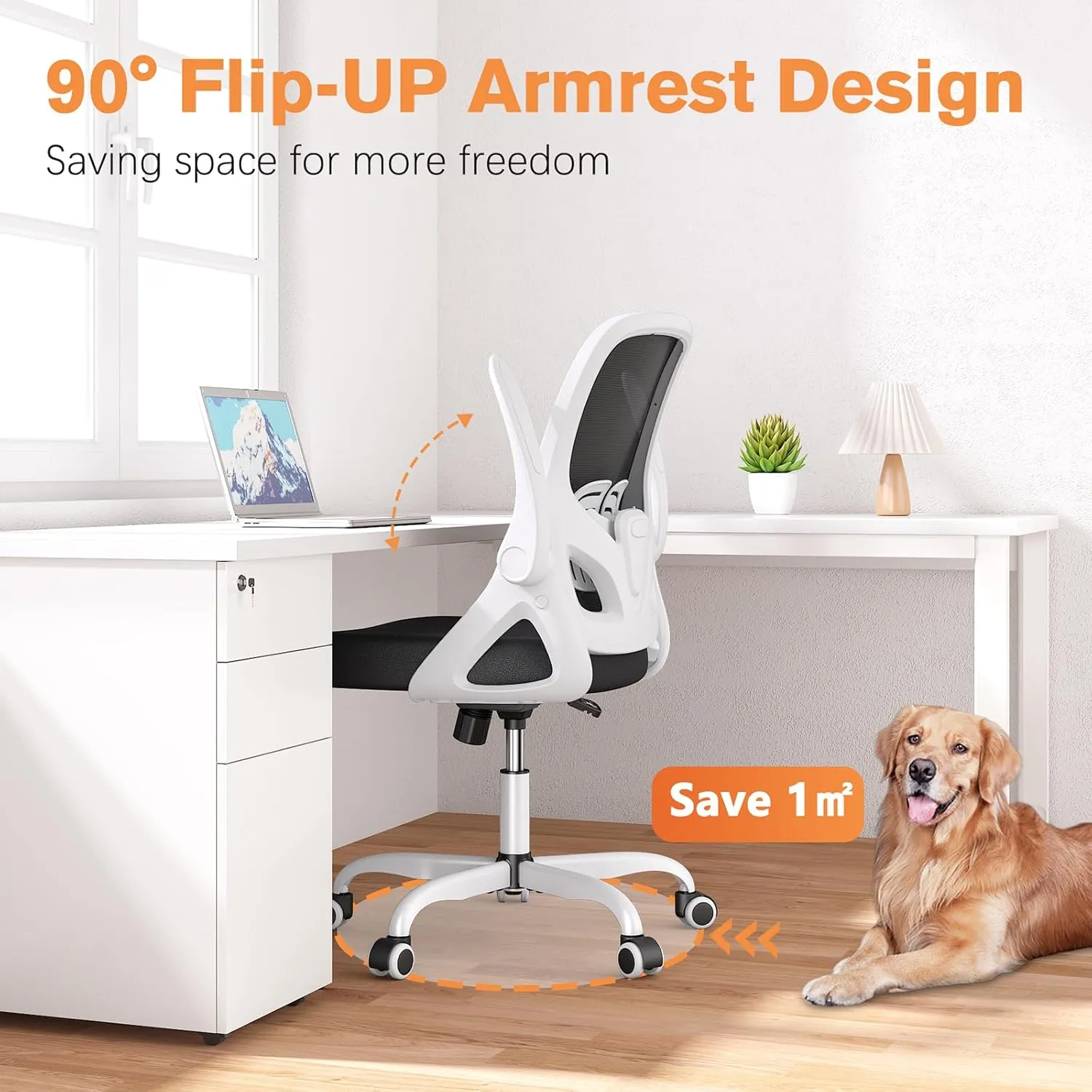 Home Office Desk Chair with Supportive Lumbar Support and Flip up Arms, Breathable Double Mesh Ergonomic Home Desk Chair for Home or Work with Extended Height(White)