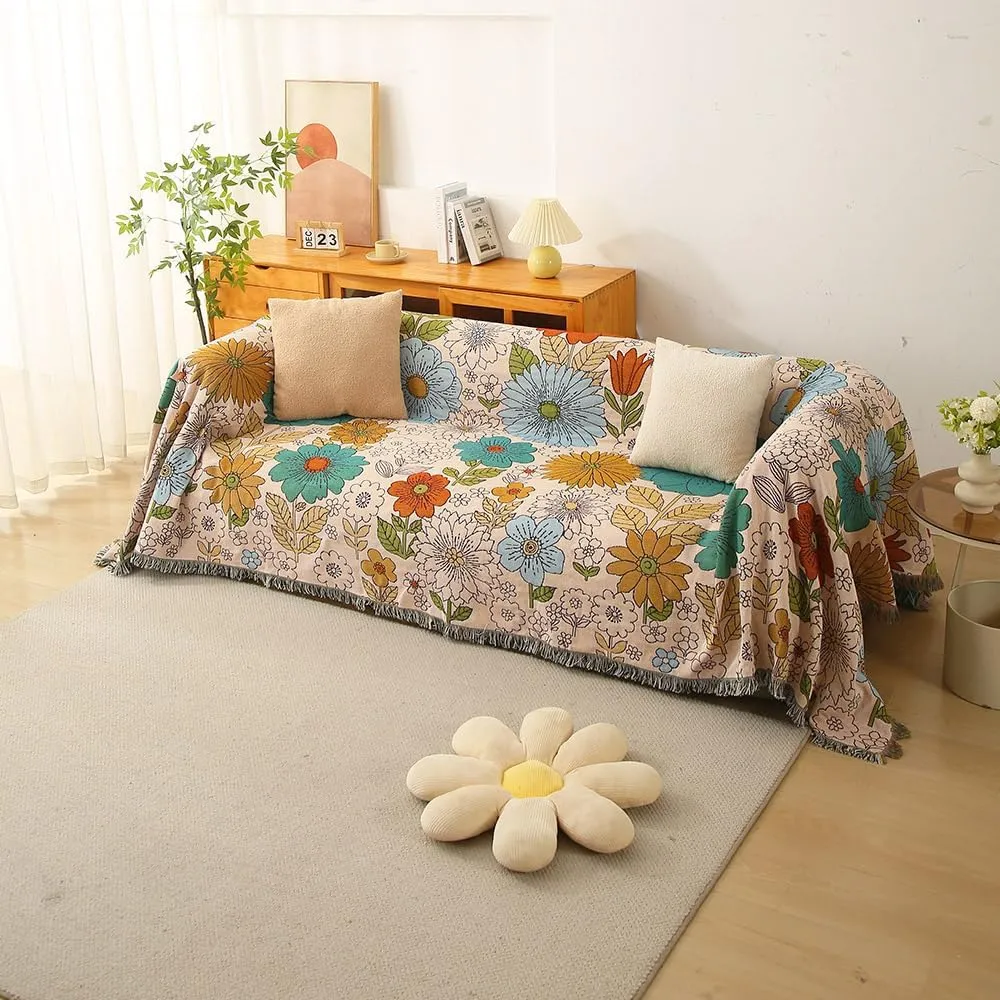 Homesy Floral American Pastoral Style Throw Blanket Modern Flowers Throw Blanket with Tassel for Home Couch Beach Picnic Outdoor Camping 63"x87"