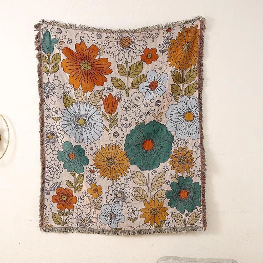Homesy Floral American Pastoral Style Throw Blanket Modern Flowers Throw Blanket with Tassel for Home Couch Beach Picnic Outdoor Camping 63"x87"
