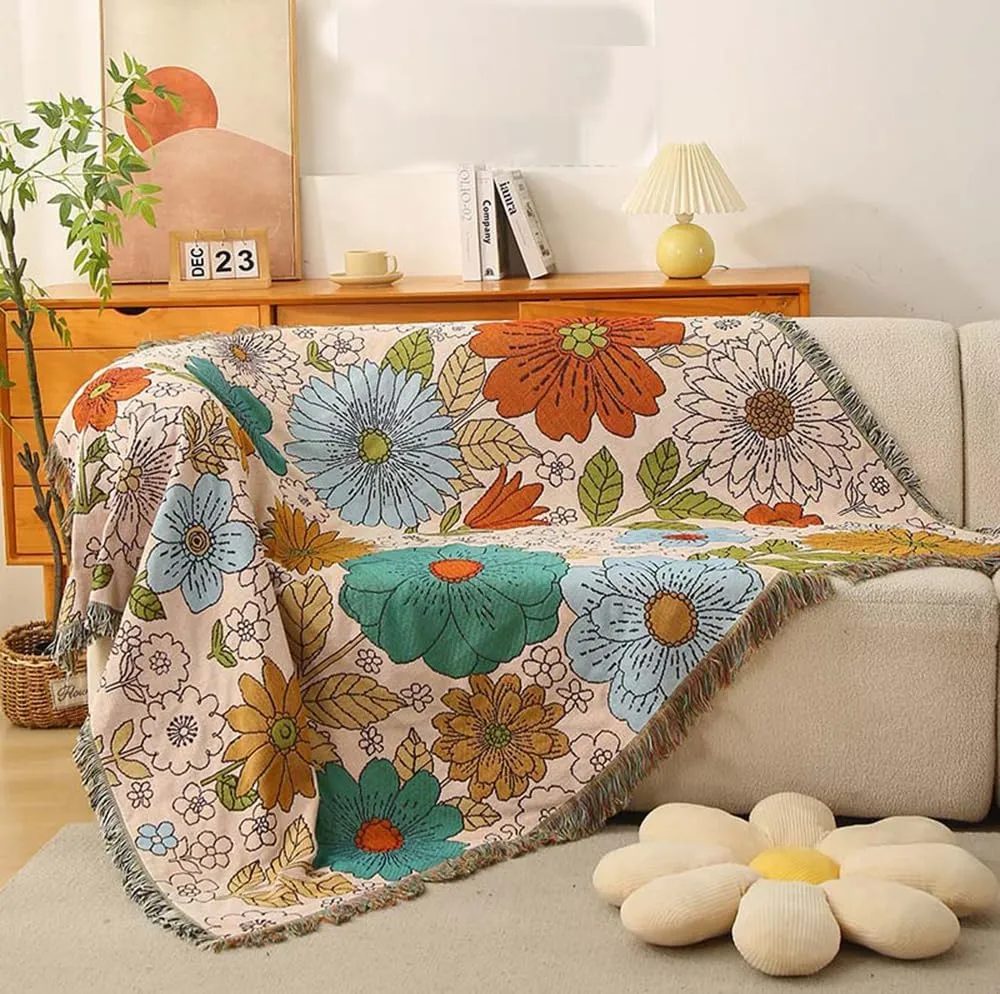 Homesy Floral American Pastoral Style Throw Blanket Modern Flowers Throw Blanket with Tassel for Home Couch Beach Picnic Outdoor Camping 63"x87"