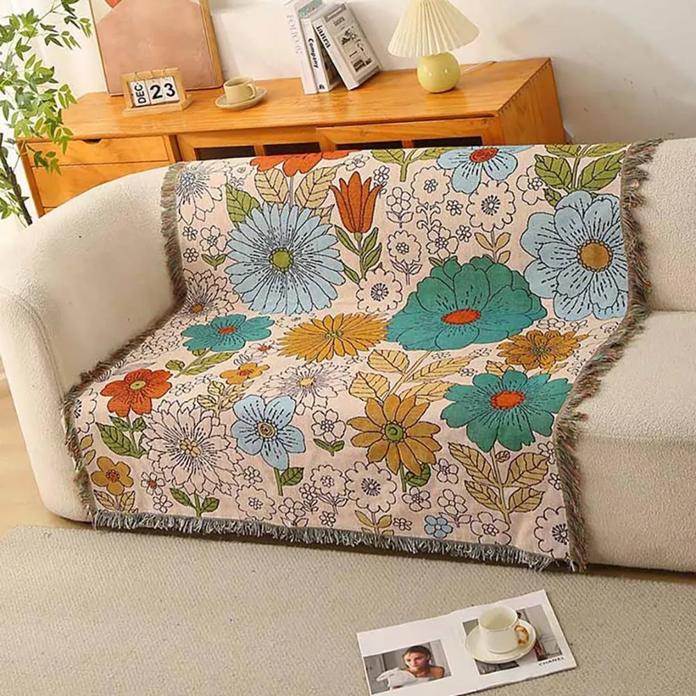 Homesy Floral American Pastoral Style Throw Blanket Modern Flowers Throw Blanket with Tassel for Home Couch Beach Picnic Outdoor Camping 63"x87"