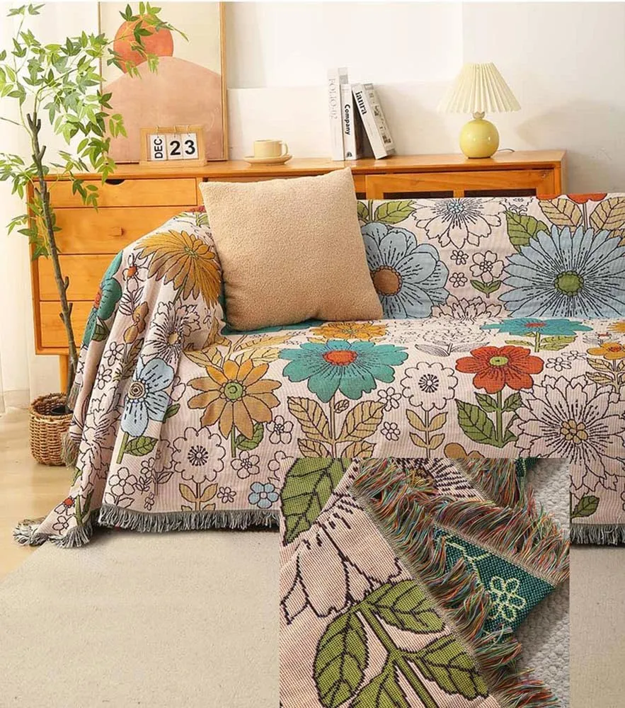 Homesy Floral American Pastoral Style Throw Blanket Modern Flowers Throw Blanket with Tassel for Home Couch Beach Picnic Outdoor Camping 63"x87"