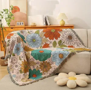 Homesy Floral American Pastoral Style Throw Blanket Modern Flowers Throw Blanket with Tassel for Home Couch Beach Picnic Outdoor Camping 63"x87"