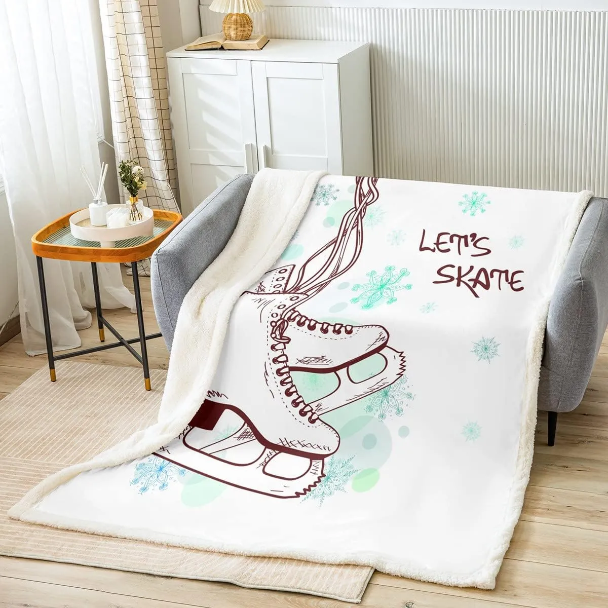 Homewish Ice Skating Throw Blanket Girls Skater Skating Shoes Cartoon Blankets Winter Snow Tie Dye White Fleece Blanket for Kids Boys Teens Room Decor Speed Sports Gaming Fuzzy Blanket
