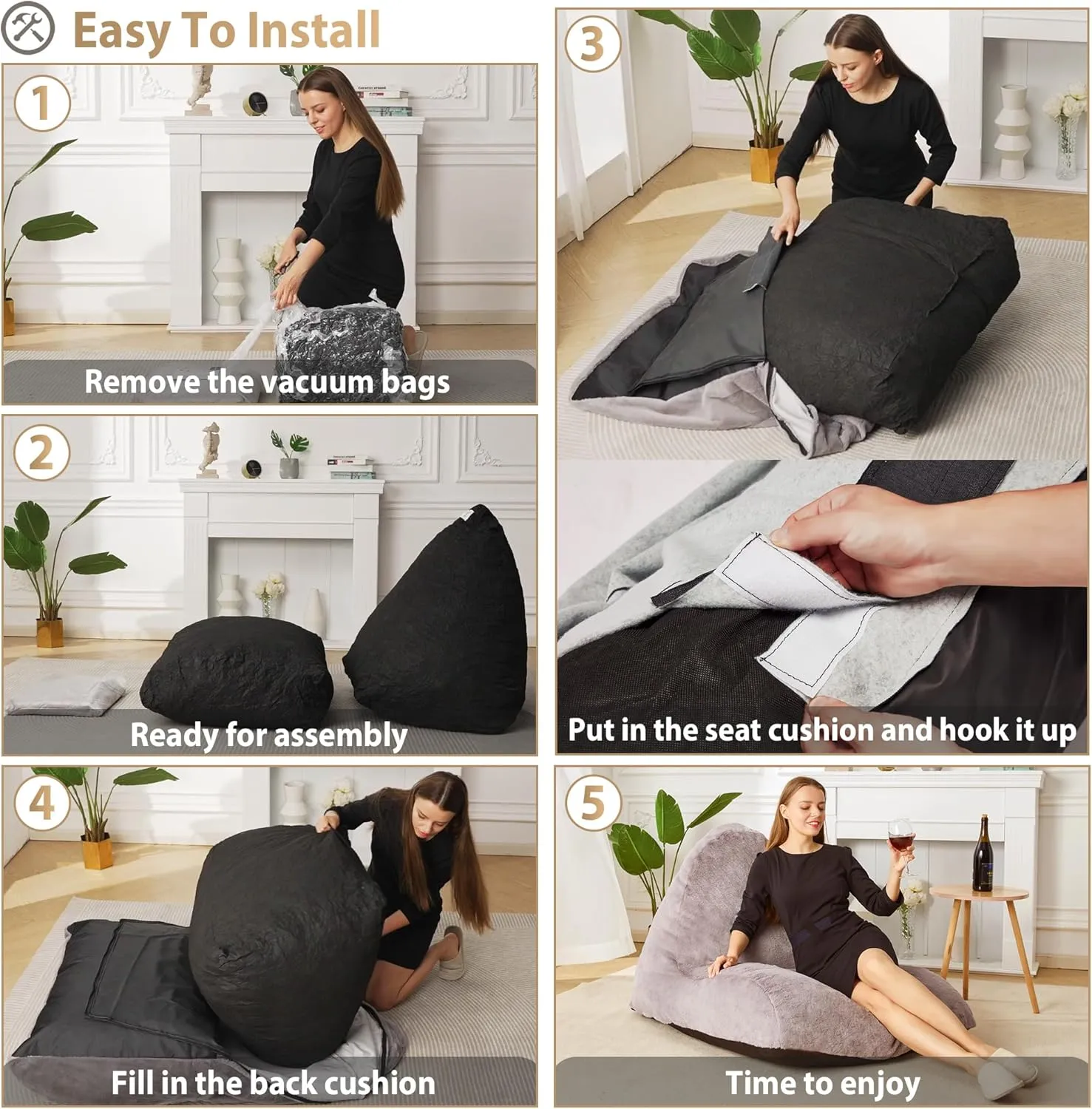 Homguava Bean Bag Chair Sofa Memory Foam Pre-Filled Bean Bag Chairs Stuffed Beanbag Sofa Lazy Bean Bag for Adults, Bean Bag Couch for Gaming, Reading & Relaxing(Linen, Dark Grey)