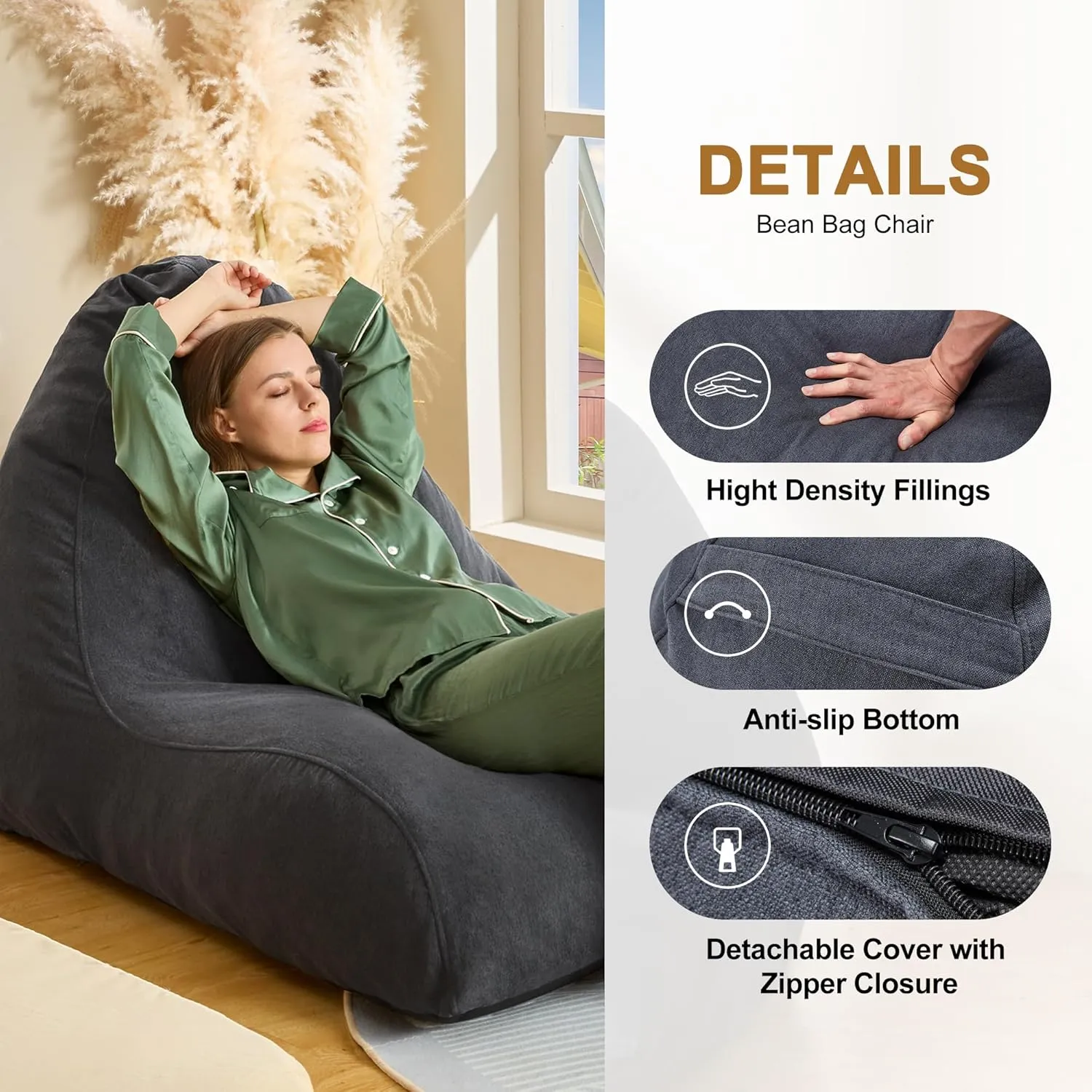 Homguava Bean Bag Chair Sofa Memory Foam Pre-Filled Bean Bag Chairs Stuffed Beanbag Sofa Lazy Bean Bag for Adults, Bean Bag Couch for Gaming, Reading & Relaxing(Linen, Dark Grey)