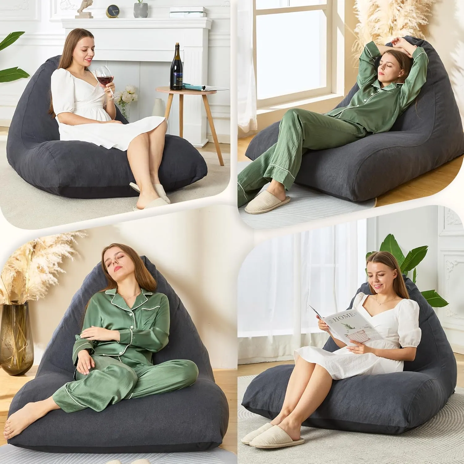 Homguava Bean Bag Chair Sofa Memory Foam Pre-Filled Bean Bag Chairs Stuffed Beanbag Sofa Lazy Bean Bag for Adults, Bean Bag Couch for Gaming, Reading & Relaxing(Linen, Dark Grey)