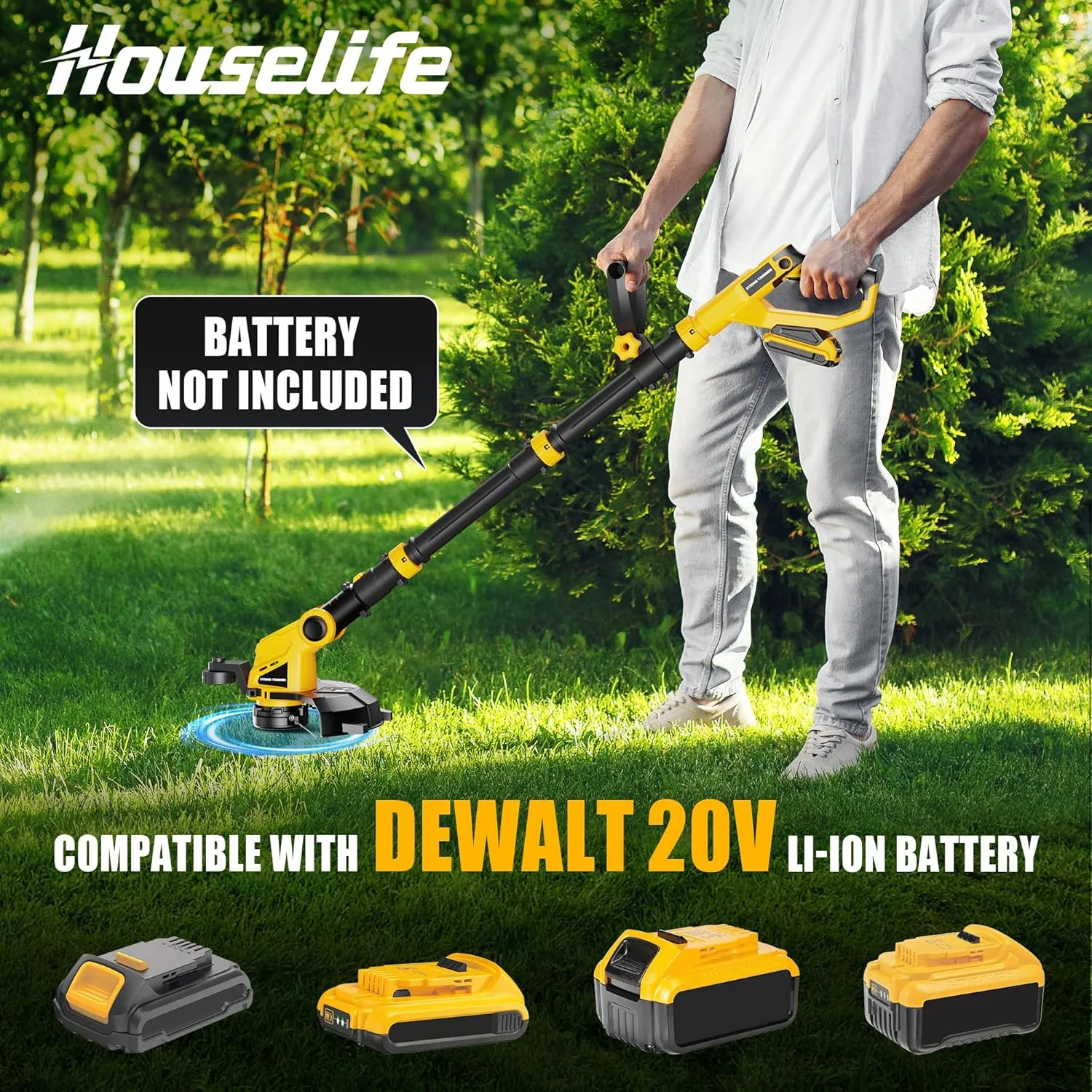 Houselife Cordless Weed Trimmer Compatible with Dewalt 20V Max Battery(Battery not Included) - 3 in 1 Weed Wacker/String Trimmers with Auto Line Feed, 12" Electric Weed Eater/Edger for Lawn Garden
