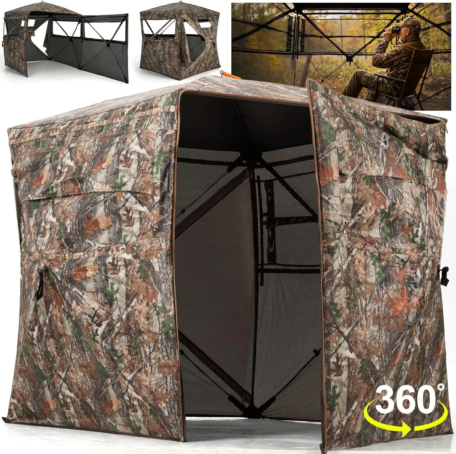 Hunting Blind 360 Degree See Through Ground Blind with Full Open Door - 2-3 Person Pop Up Hunting Tent with Carrying Bag for Deer & Turkey