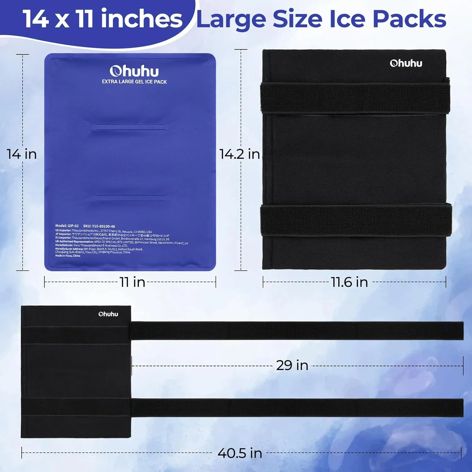 Ice Packs for Injuries 14" X 11": Ohuhu 2 Pack Hot Cold Gel Ice Pack X-Large Reusable Ice Packs with Wrap Flexible Pain Relief for Shoulder Legs Knee Back Hip Aches Injury Muscle Pain-Blue