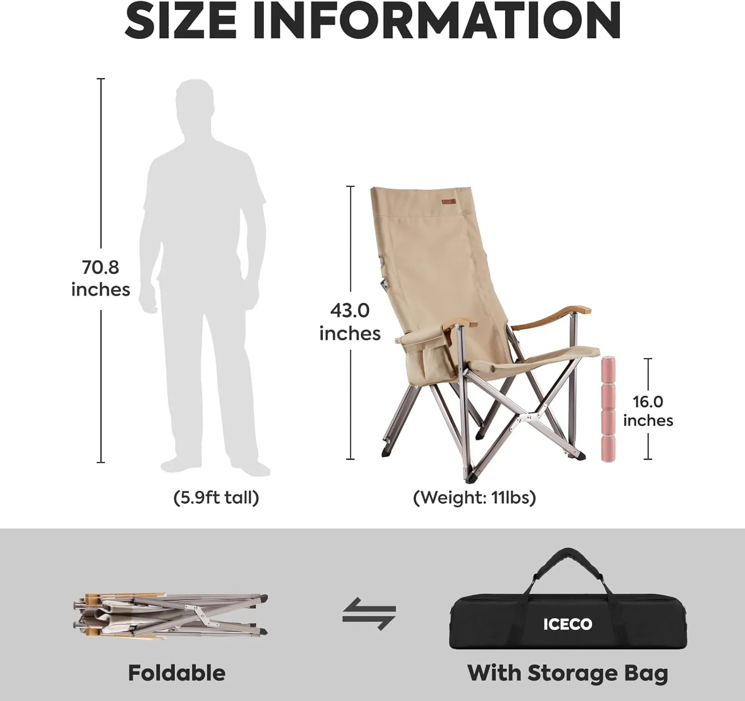 ICECO High Back Camping Chairs for Adults, Heavy Duty Folding Chair for Outside, Portable Outdoor Chairs with Storage Bag, Hold Up 600 LBS Backpack Camping Chair, 10 Years Warranty (Camel)