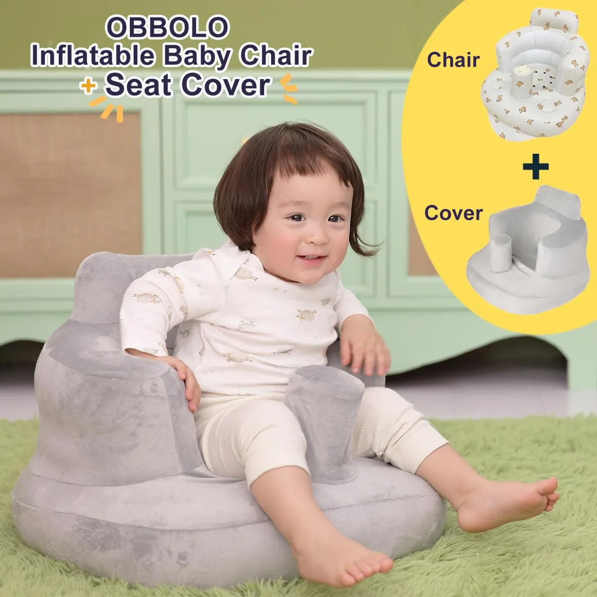 Inflatable Baby Seat with Breathable Cover for Babies 3 Months and Up,Inflatable Infant Chair,Blow Up Baby Chair,Infant Sit Up Chair