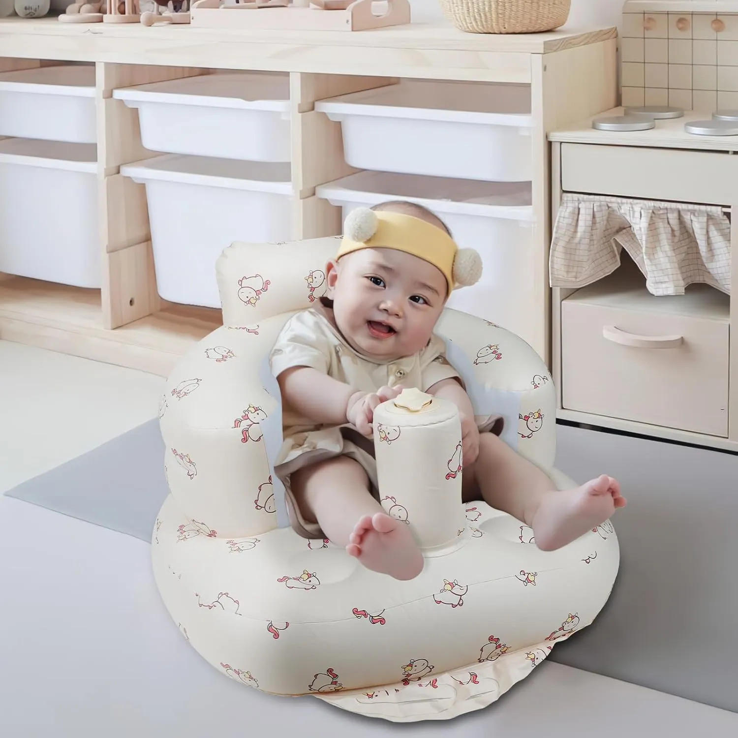 Inflatable Baby Seat with Built in Pump for Babies 3 Months & Up, Baby Floor Seats for Sitting Up, Blow Up Baby Chair for Infants - Unicorn