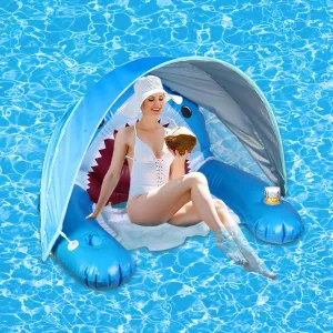 Inflatable Shark Pool Floats Chair with Canopy, Cup Holders for Adults | Large Pool Lounge Chairs with Adjustable Sunshade, Drink Holder and Ergonomic Headrest | Beach Floats Pool Chair