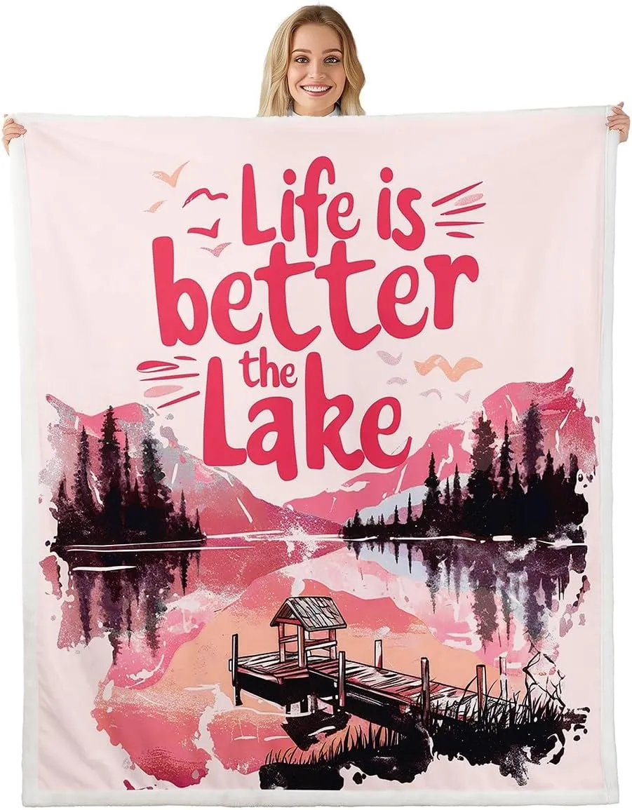 jejeloiu Pink Lake Fleece Throw Blanket Throw 50"x60" Kids Lakeside Fishing Plush Sherpa Blanket Fuzzy for Boys Girls Teens Cabin Mountain Print for Bed Couch Chair Living Room Breathable Tree