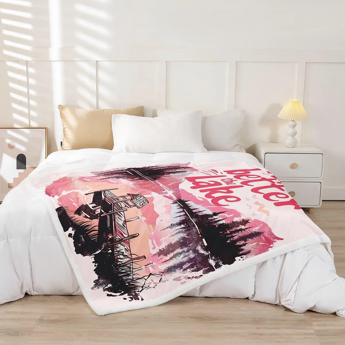 jejeloiu Pink Lake Fleece Throw Blanket Throw 50"x60" Kids Lakeside Fishing Plush Sherpa Blanket Fuzzy for Boys Girls Teens Cabin Mountain Print for Bed Couch Chair Living Room Breathable Tree