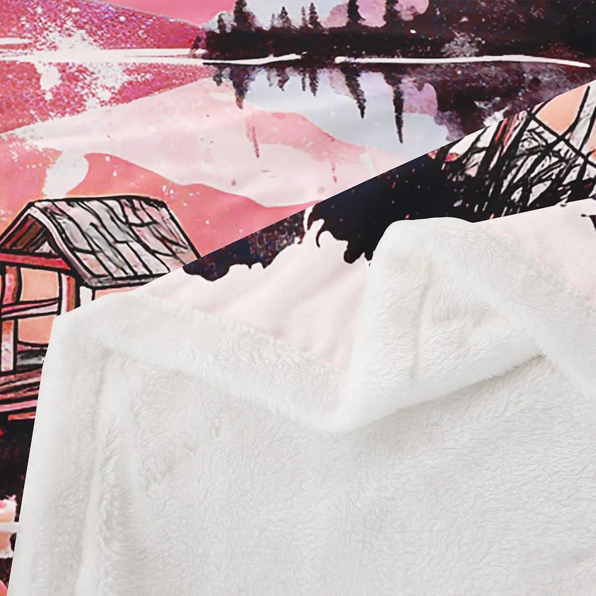 jejeloiu Pink Lake Fleece Throw Blanket Throw 50"x60" Kids Lakeside Fishing Plush Sherpa Blanket Fuzzy for Boys Girls Teens Cabin Mountain Print for Bed Couch Chair Living Room Breathable Tree