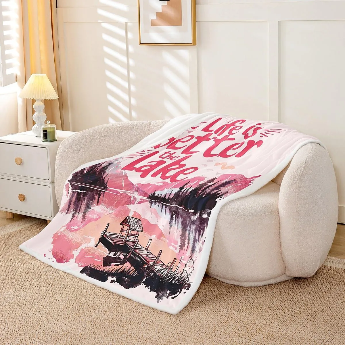 jejeloiu Pink Lake Fleece Throw Blanket Throw 50"x60" Kids Lakeside Fishing Plush Sherpa Blanket Fuzzy for Boys Girls Teens Cabin Mountain Print for Bed Couch Chair Living Room Breathable Tree