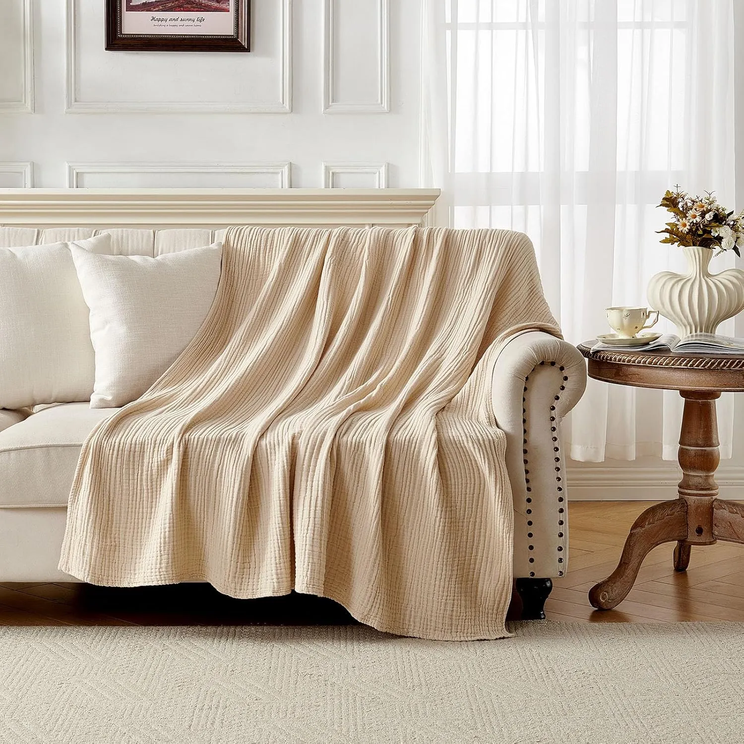 Joydeco 100% Cotton Muslin Throw Blanket for Couch Bed and Sofa, 4-Layer Lightweight and Breathable Soft Gauze Blanket for All Season, Luxury Throws Cotton Blanket Gift(Light Tan, 50"x70")