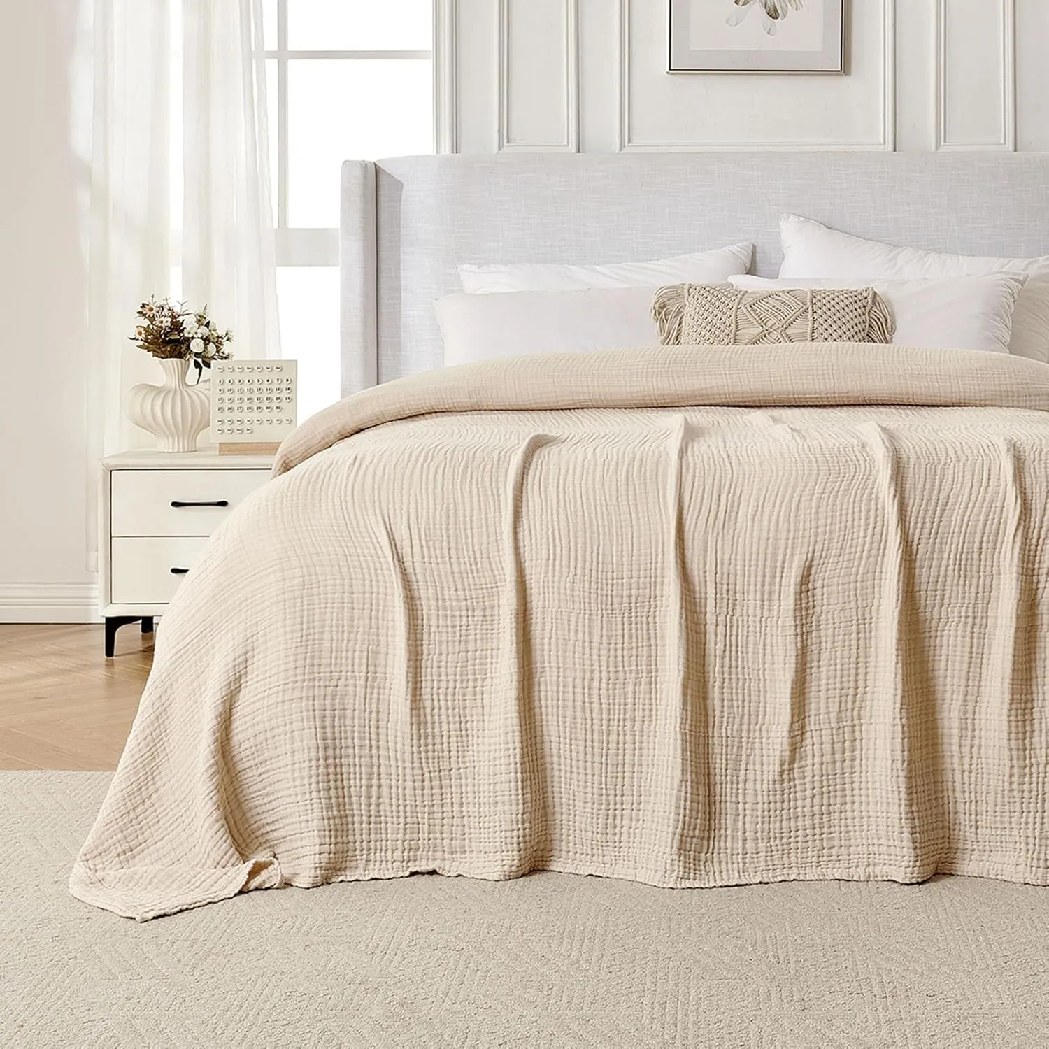 Joydeco 100% Cotton Muslin Throw Blanket for Couch Bed and Sofa, 4-Layer Lightweight and Breathable Soft Gauze Blanket for All Season, Luxury Throws Cotton Blanket Gift(Light Tan, 50"x70")