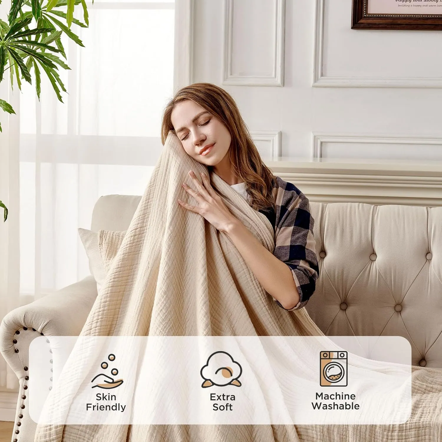 Joydeco 100% Cotton Muslin Throw Blanket for Couch Bed and Sofa, 4-Layer Lightweight and Breathable Soft Gauze Blanket for All Season, Luxury Throws Cotton Blanket Gift(Light Tan, 50"x70")