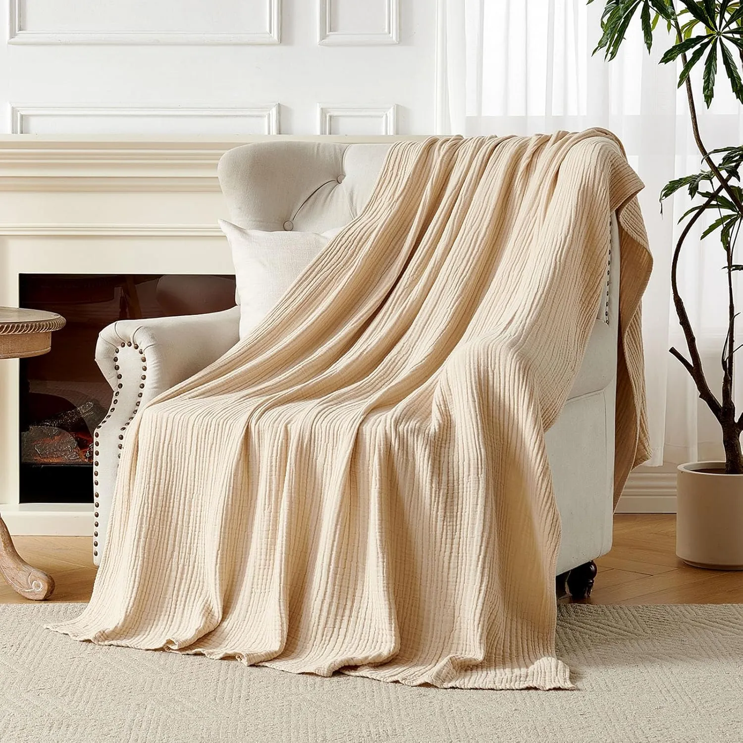 Joydeco 100% Cotton Muslin Throw Blanket for Couch Bed and Sofa, 4-Layer Lightweight and Breathable Soft Gauze Blanket for All Season, Luxury Throws Cotton Blanket Gift(Light Tan, 50"x70")