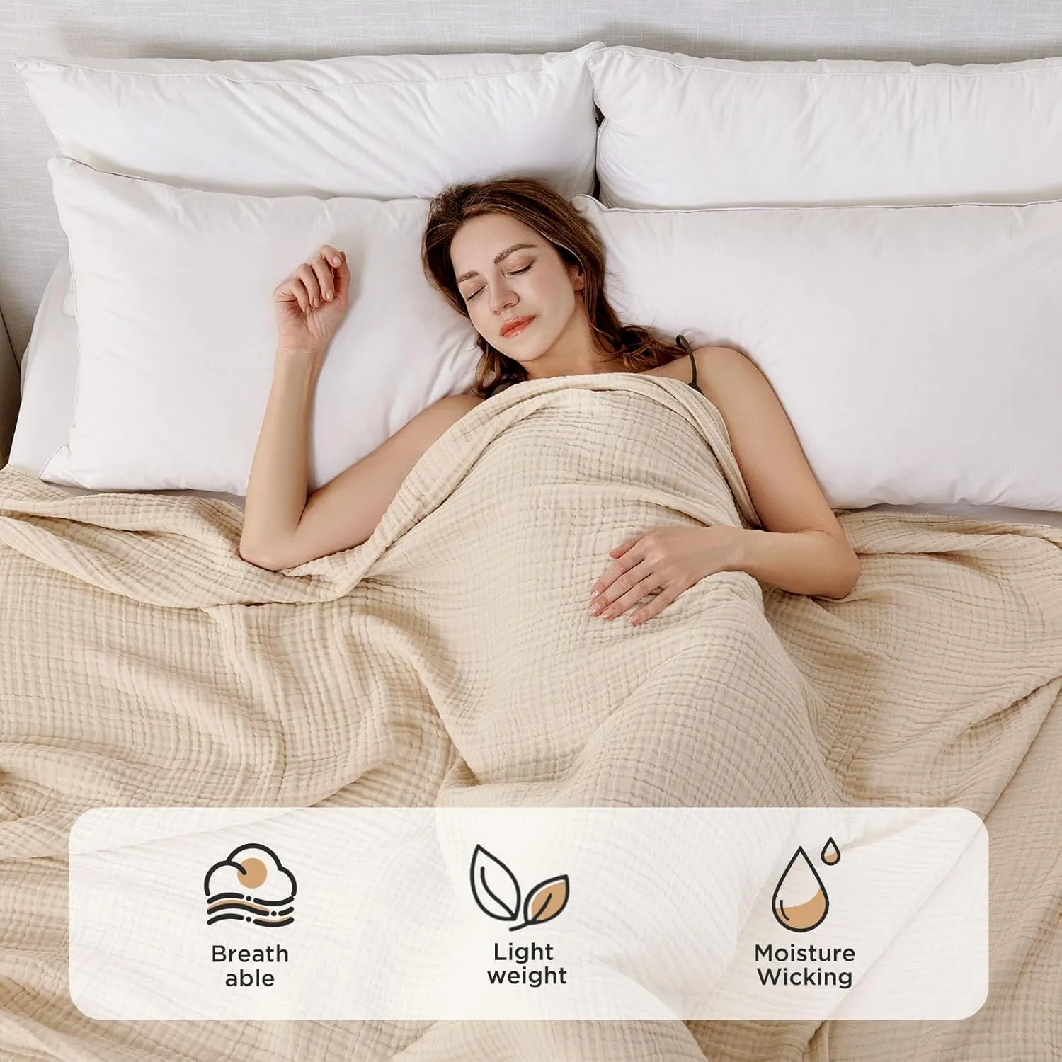 Joydeco 100% Cotton Muslin Throw Blanket for Couch Bed and Sofa, 4-Layer Lightweight and Breathable Soft Gauze Blanket for All Season, Luxury Throws Cotton Blanket Gift(Light Tan, 50"x70")