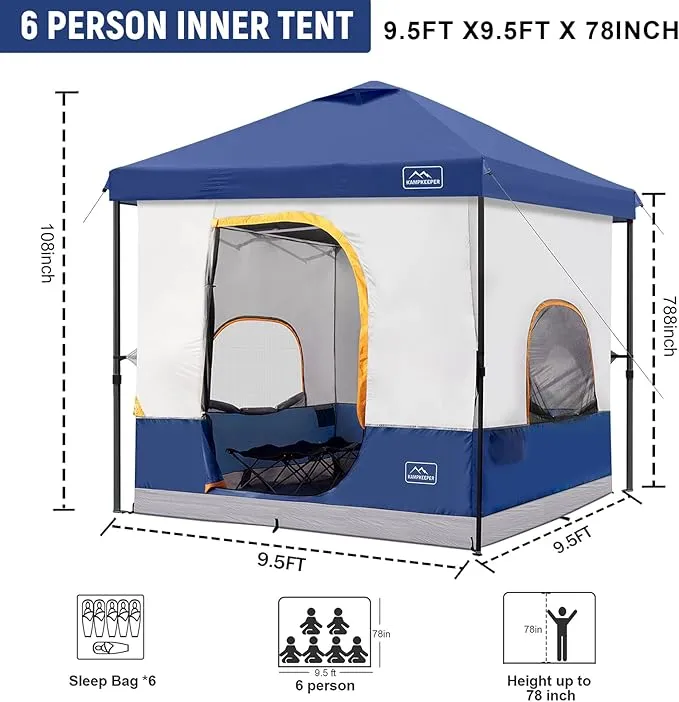 KAMPKEEPER 6 Person Camping Tent, 10x10 Pop Up Canopy Tent with Camping Cube, Converts 10'x10' Straight Leg Canopy into Camping Inner Tent–Fully Vented Roof(Canopy & Frame Included)