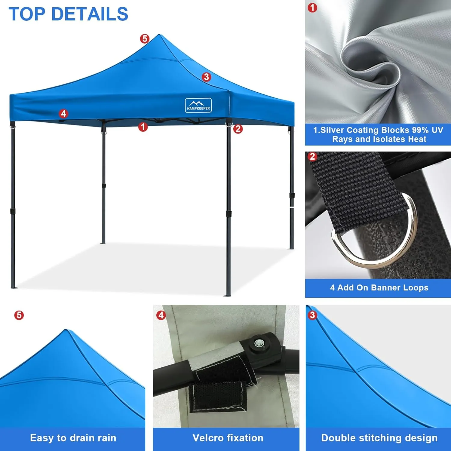 KAMPKEEPER Canopy Replacement Top, 10 x 10 Pop Up Canopy Top Cover for Canopy Straight Leg Tent,PU-Coated 500D Polyester,UP F50  UV Protection,Flame Resistant and Waterproof(Top Only) (Light Blue)