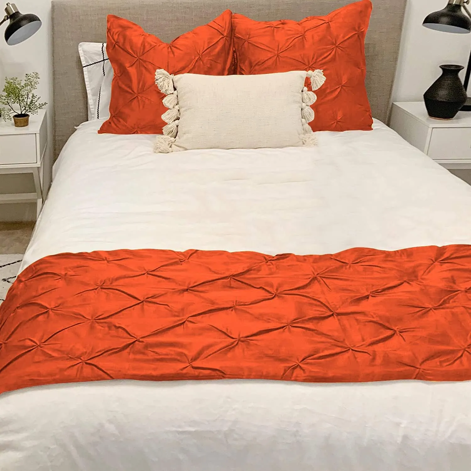 KBC Linen Bed Runner Set - 100% Cotton, 800 Thread Count, Pinch Pleated Bed Runner and Pillow Shams, Queen Size, Orange